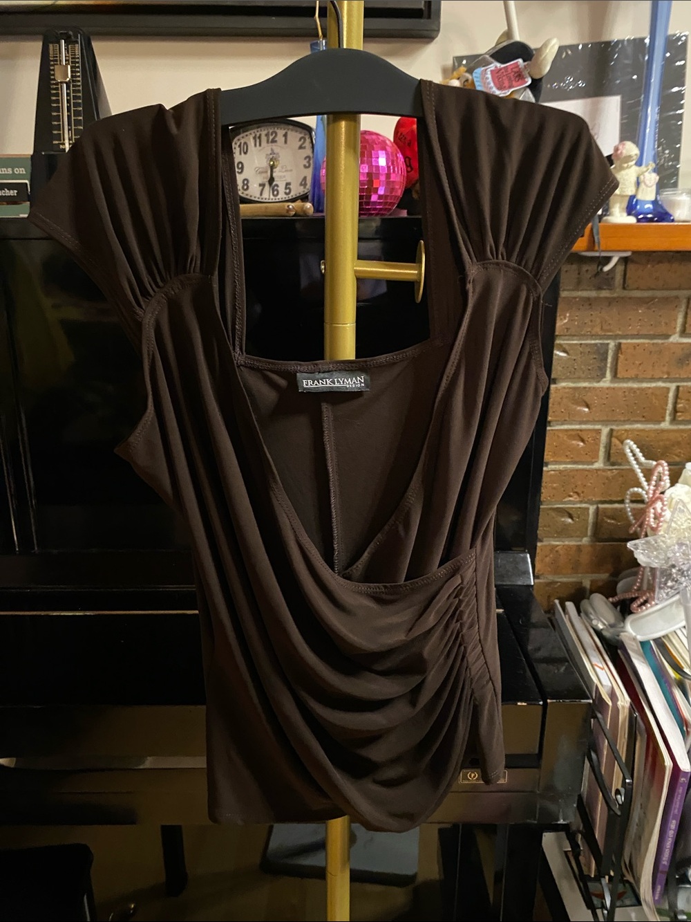 Frank Lyman Design Chocolate Brown Asymmetrical Draped Top